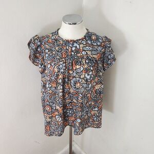 Rose + Olive Women XL Orange Blue Floral Flutter Sleeve Ruffle Neck Blouse Top
